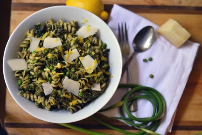 Lemon Pesto Pasta with Peas, Spinach and Asiago